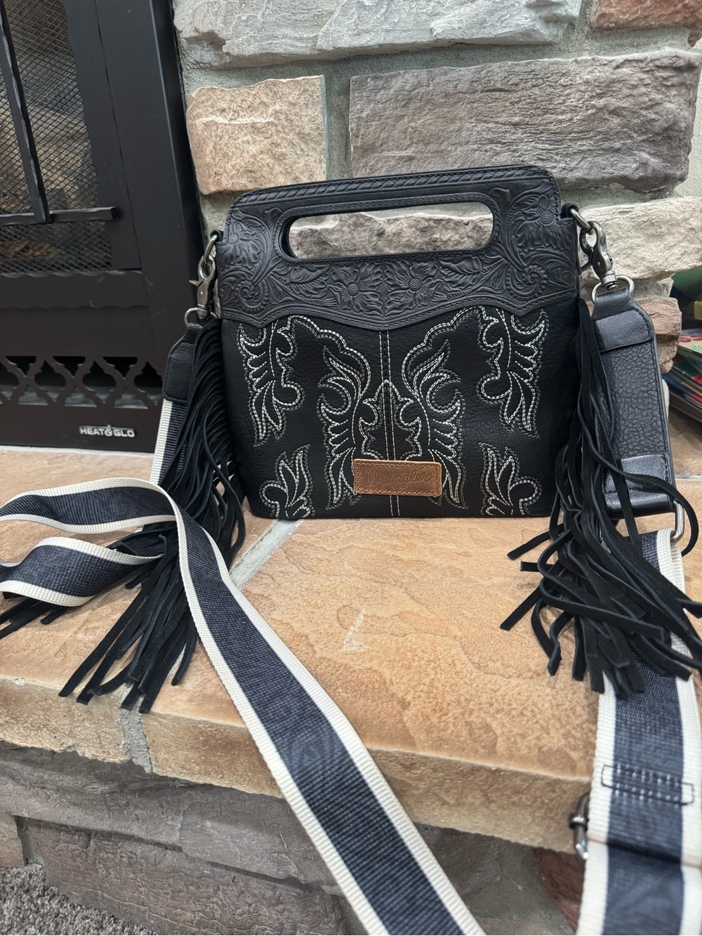 Black Embroidered Fringe Crossbody Bag - Women